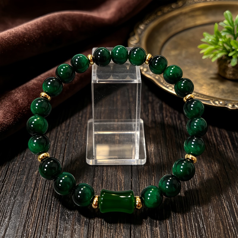 Women's Dark Green Chalcedony Beaded Bracelet, Vintage Elegance